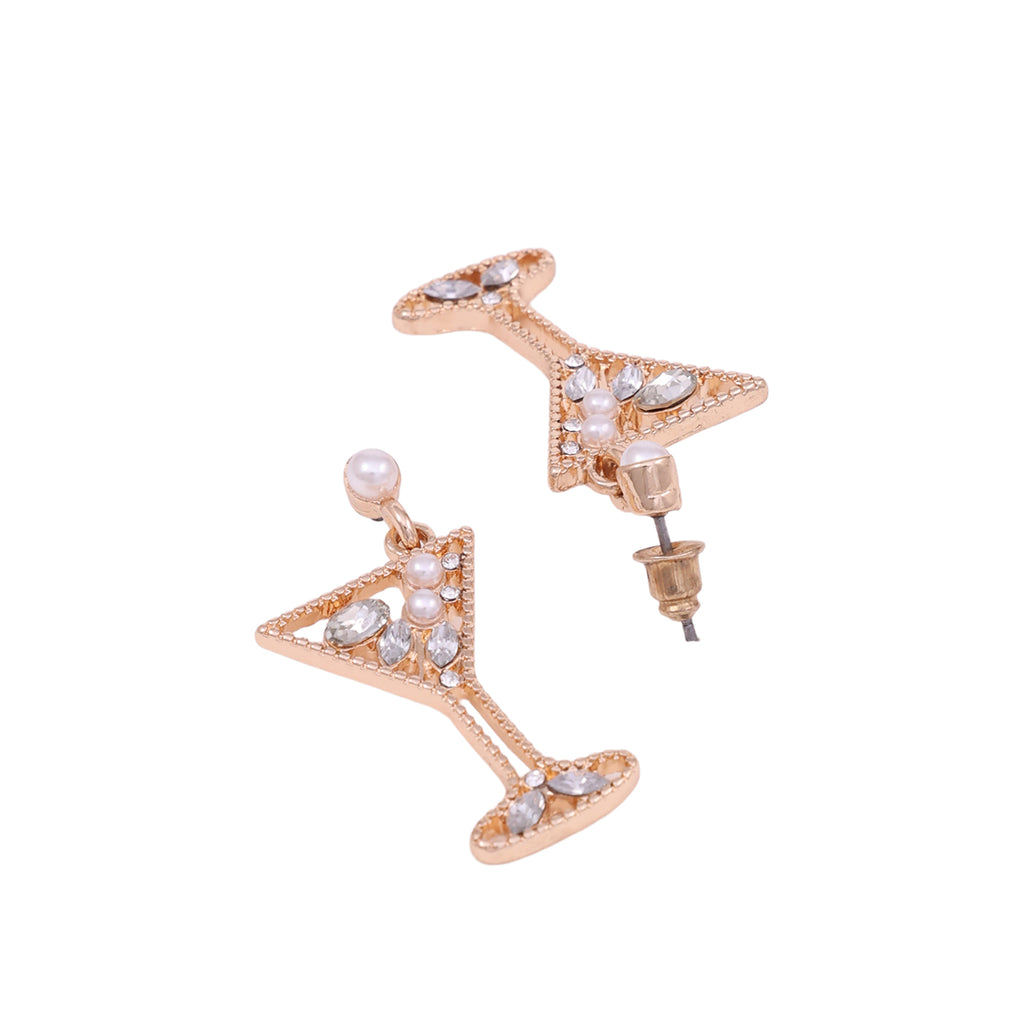 Whimsical Golden Cocktail Glass Drop Earrings with Crystal and Pearl