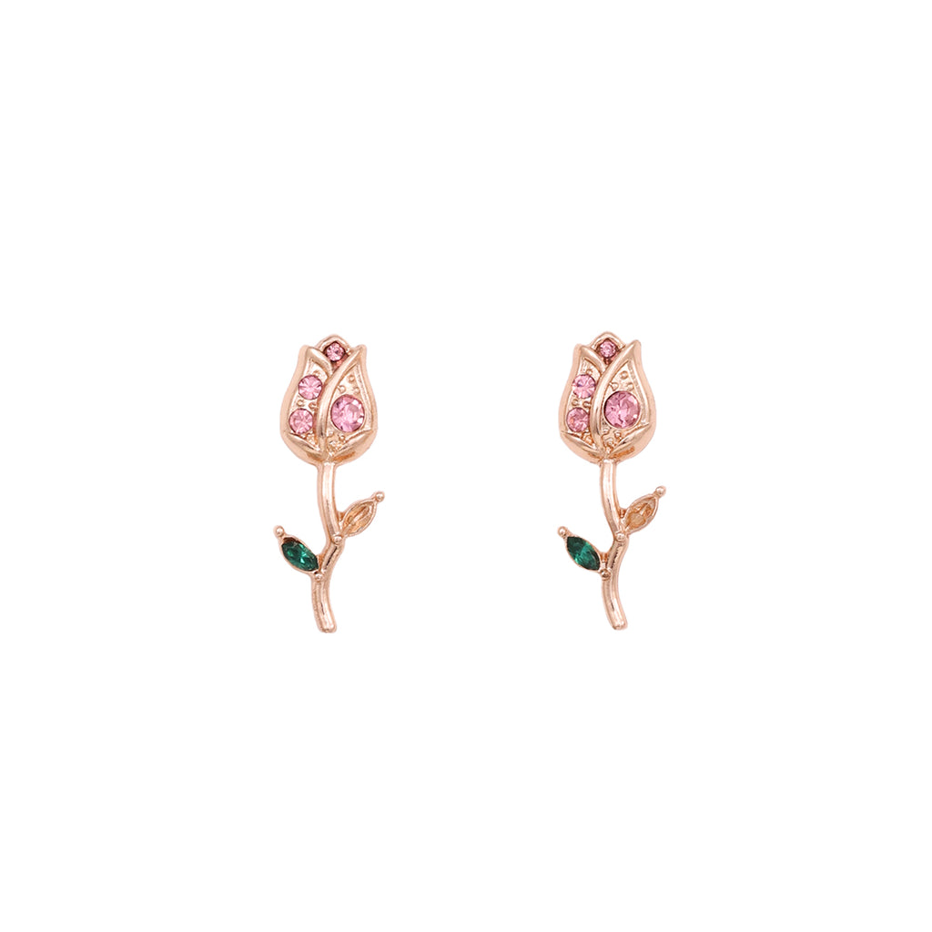 Rose Bud Stud Earrings with Pink & Green Stones