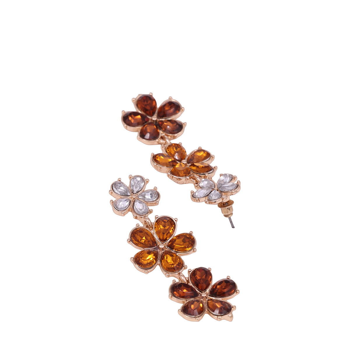 Tiered Golen Flower Drop Earrings with Amber and White Stones