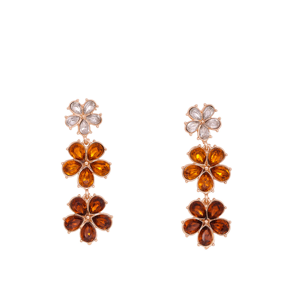 Tiered Golen Flower Drop Earrings with Amber and White Stones