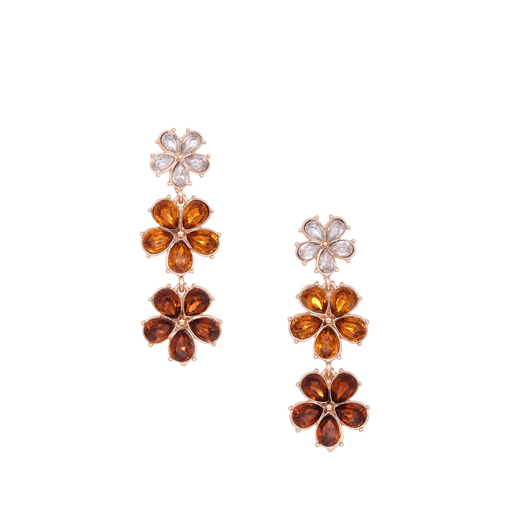Tiered Golen Flower Drop Earrings with Amber and White Stones