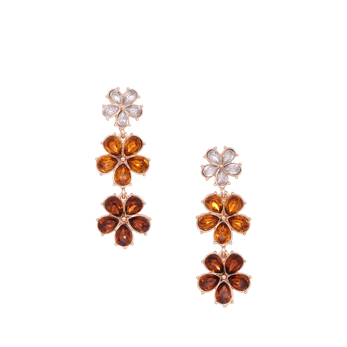 Tiered Golen Flower Drop Earrings with Amber and White Stones