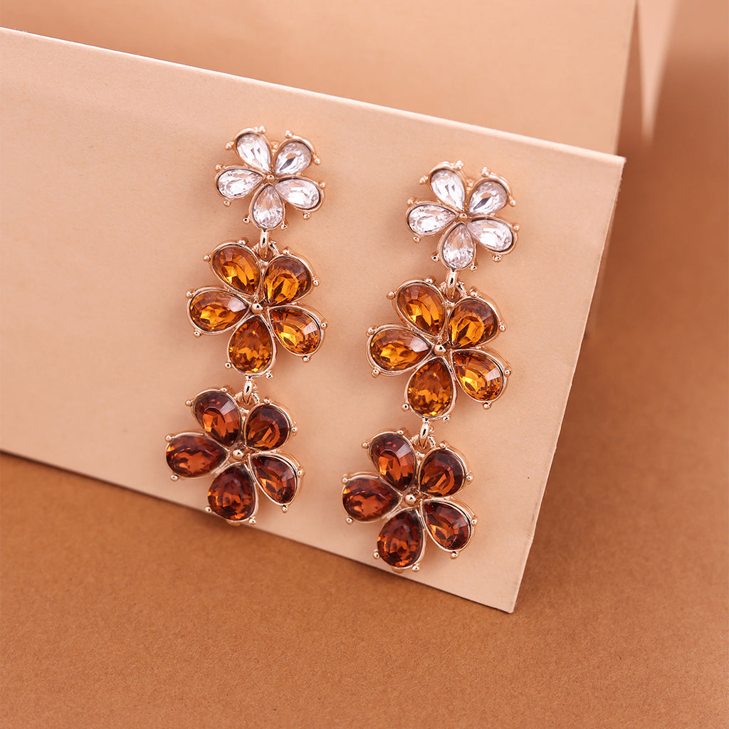 Tiered Golen Flower Drop Earrings with Amber and White Stones