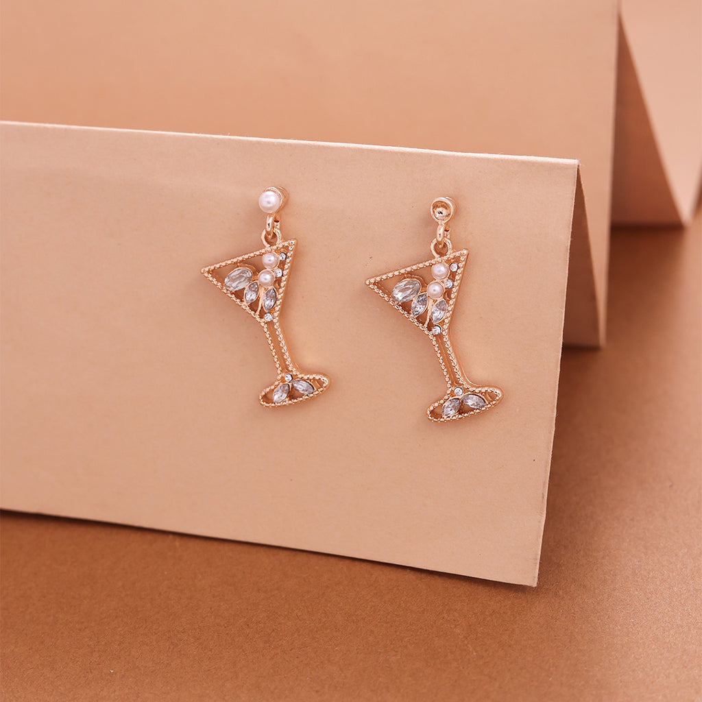 Whimsical Golden Cocktail Glass Drop Earrings with Crystal and Pearl