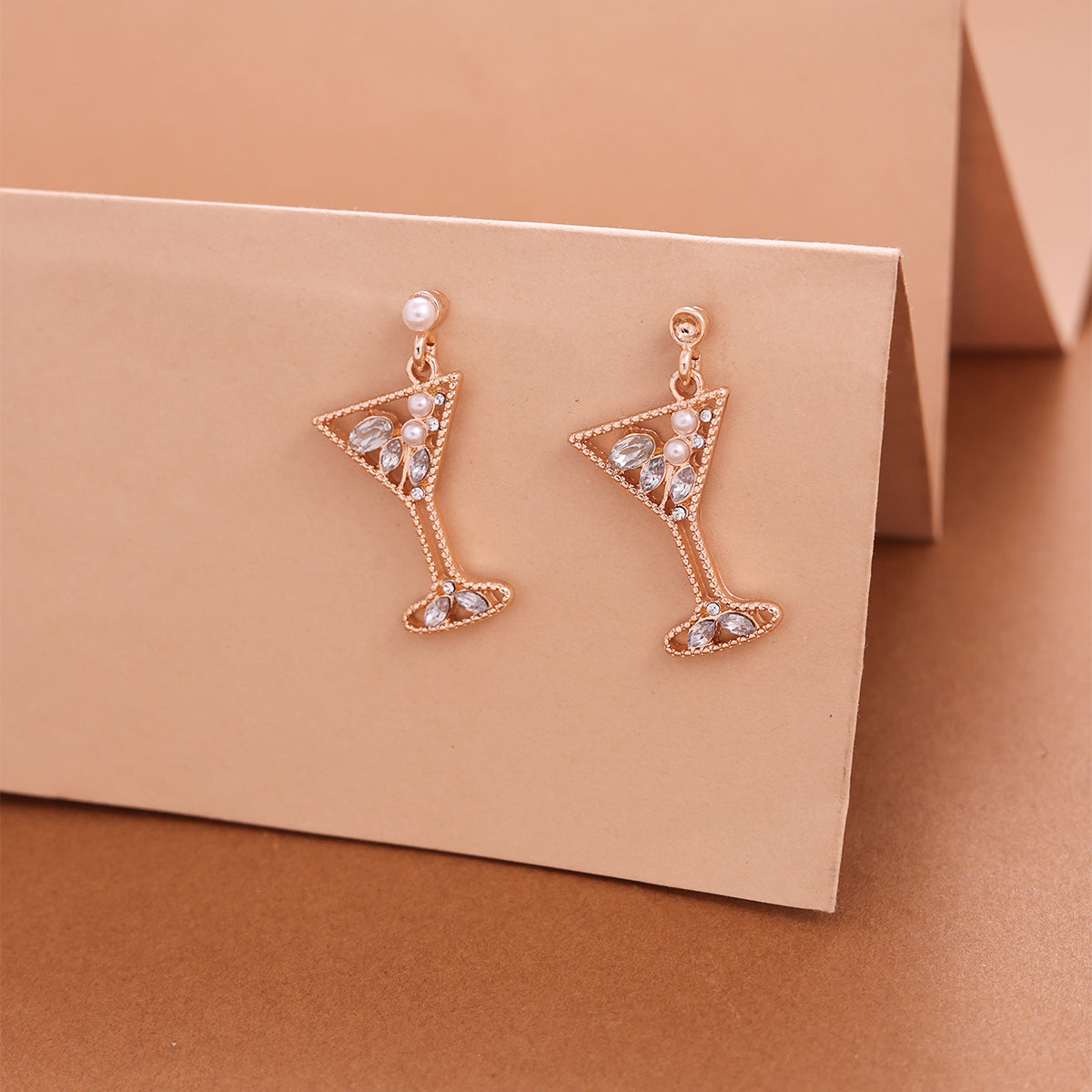 Whimsical Golden Cocktail Glass Drop Earrings with Crystal and Pearl