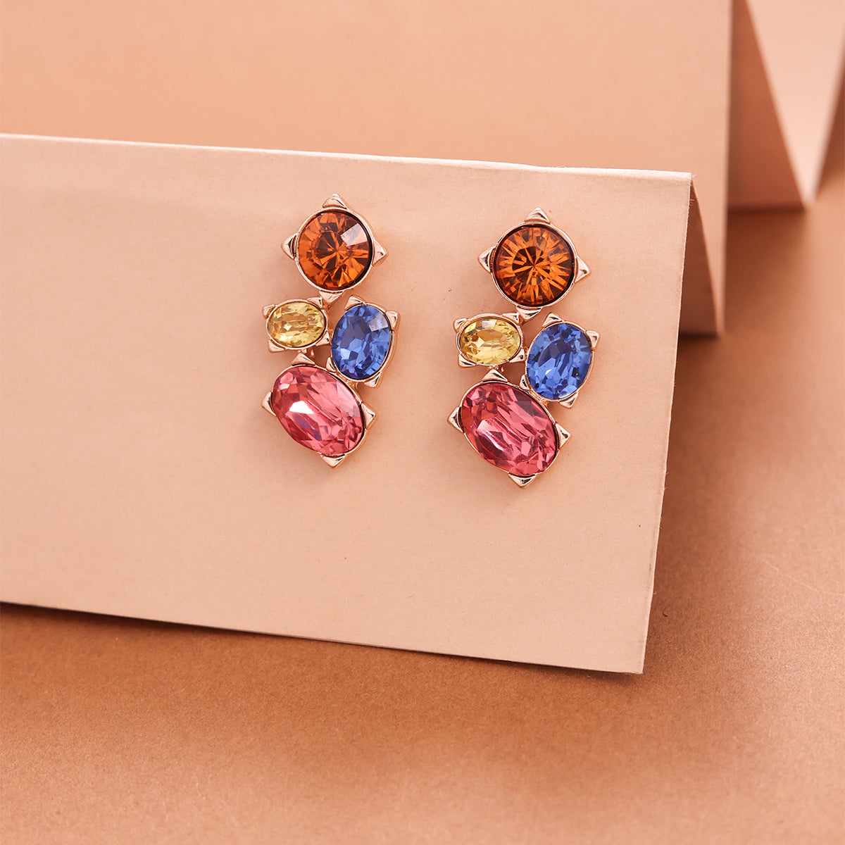 Vibrant Rose Golden Multi-Color Gemstone Cluster Stud Earrings