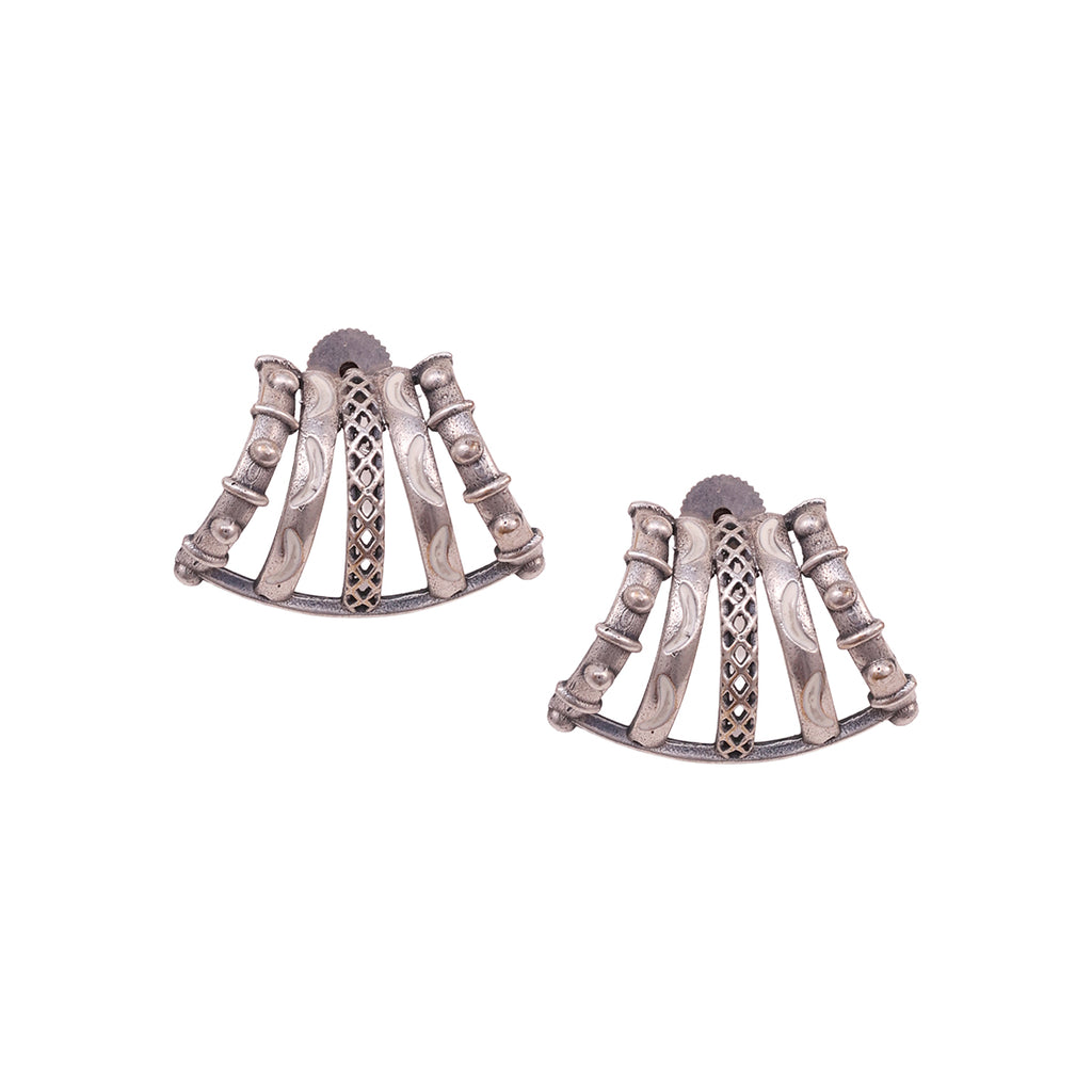 Bohemian Oxidized Silver Fan Stud Earrings