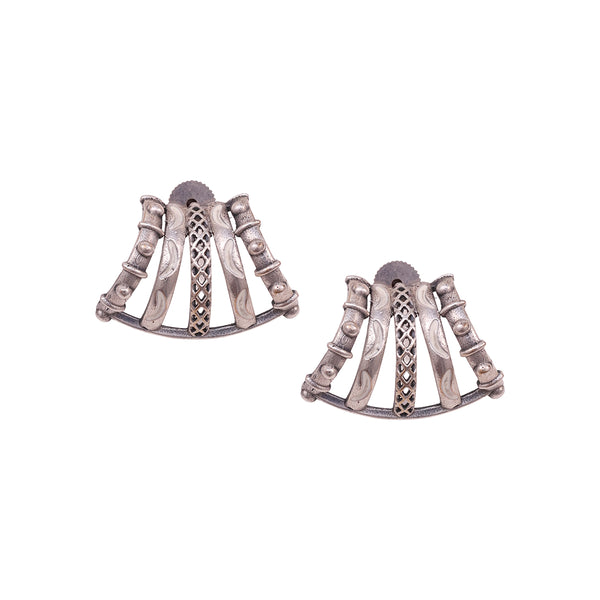 Bohemian Oxidized Silver Fan Stud Earrings