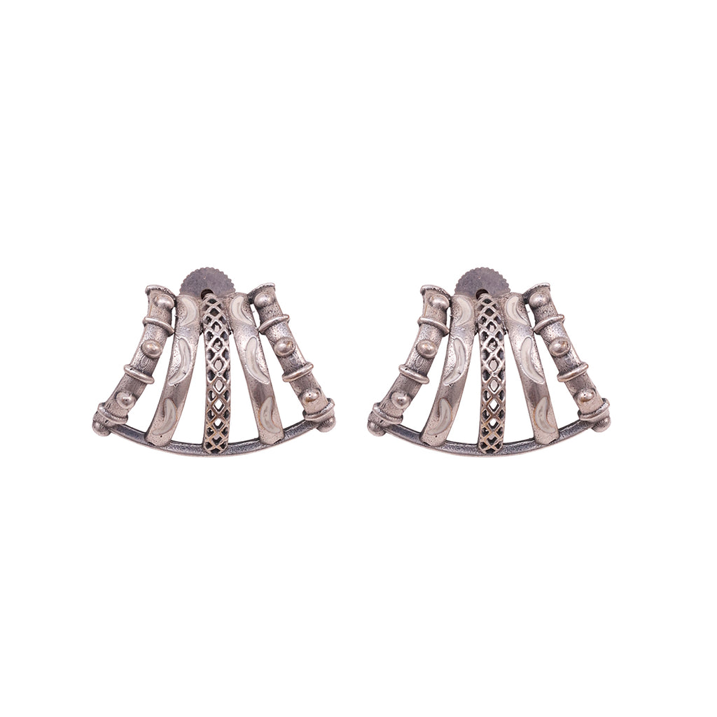 Bohemian Oxidized Silver Fan Stud Earrings