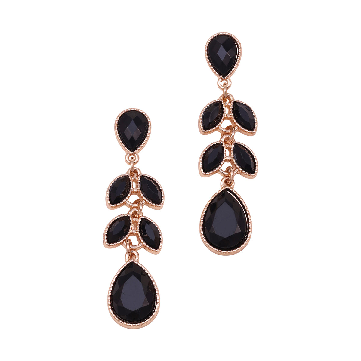 Golden Dangle Earrings with Black Teardrop Stones