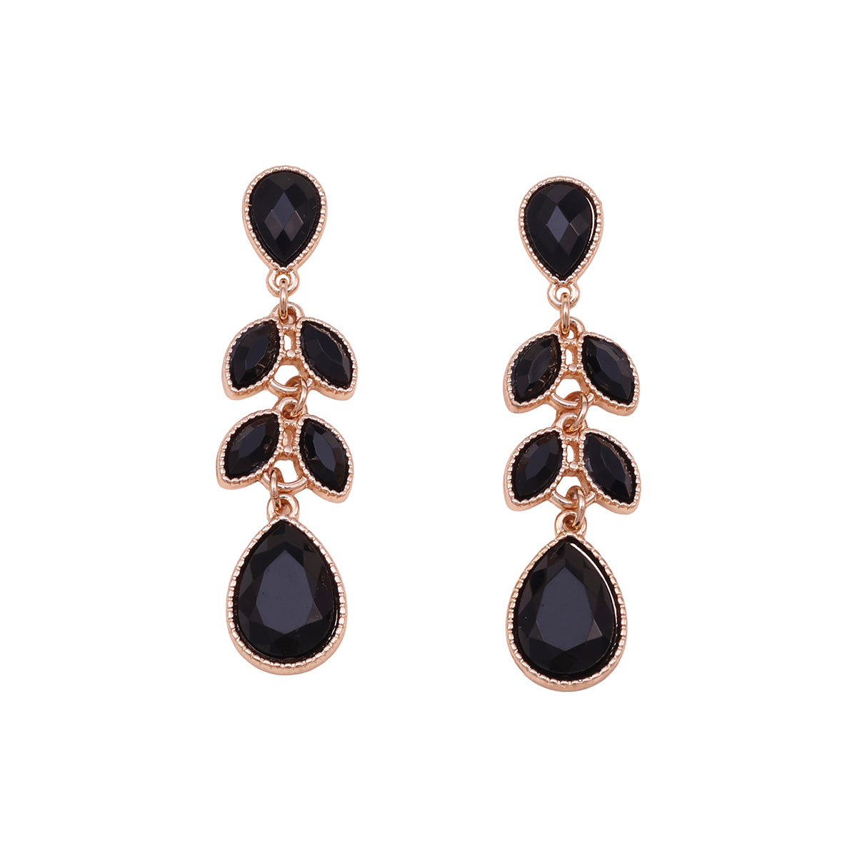 Golden Dangle Earrings with Black Teardrop Stones