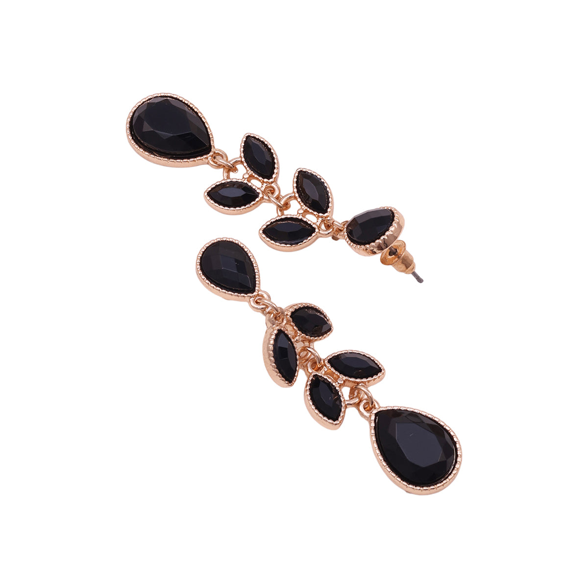 Golden Dangle Earrings with Black Teardrop Stones
