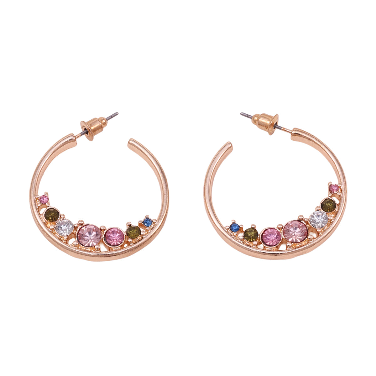 Golden Half-Hoop Earrings with Multicolour Rhinestones
