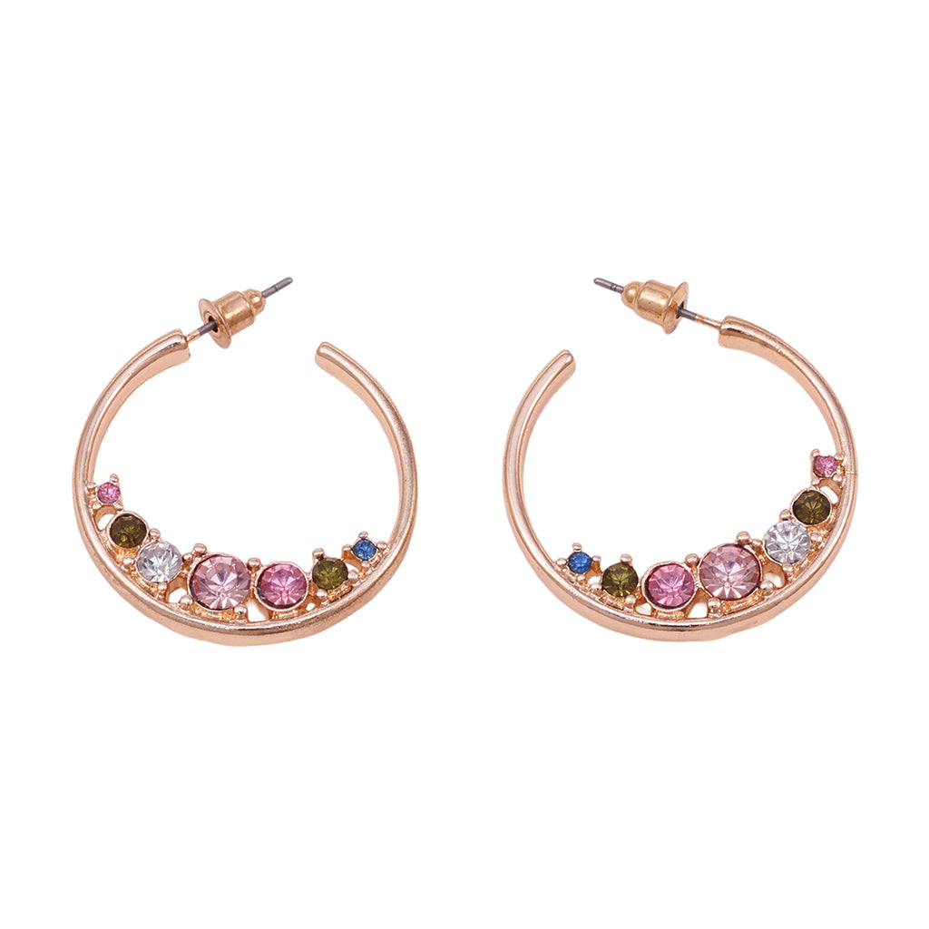 Golden Half-Hoop Earrings with Multicolour Rhinestones