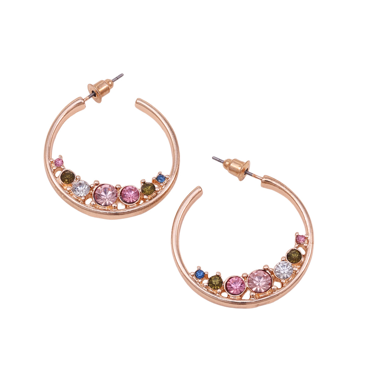 Golden Half-Hoop Earrings with Multicolour Rhinestones