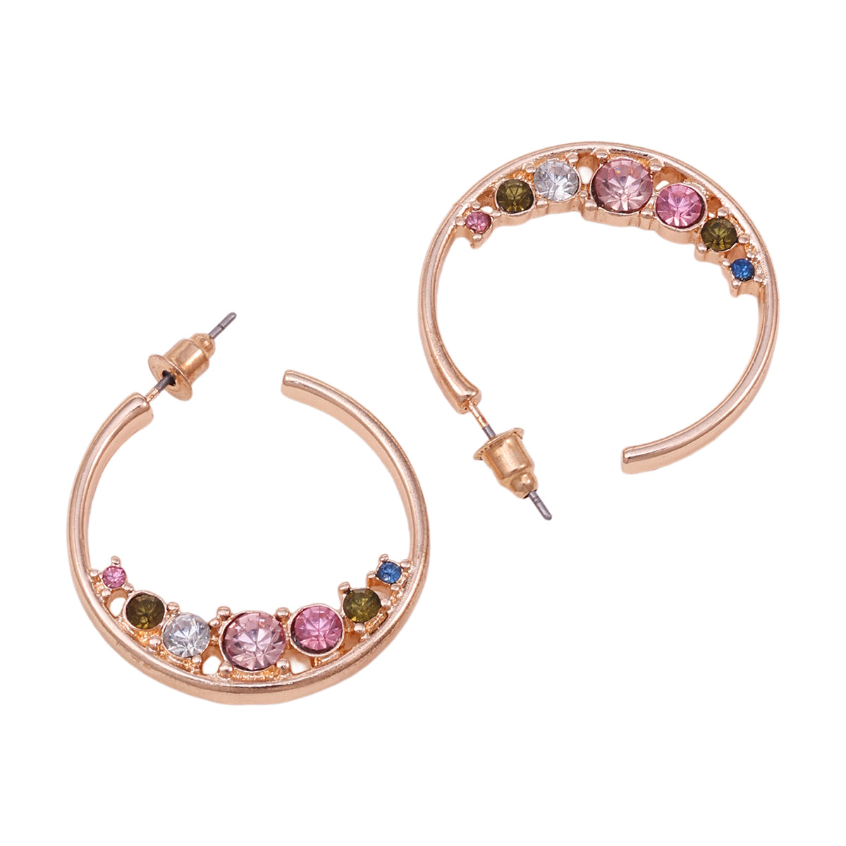 Golden Half-Hoop Earrings with Multicolour Rhinestones