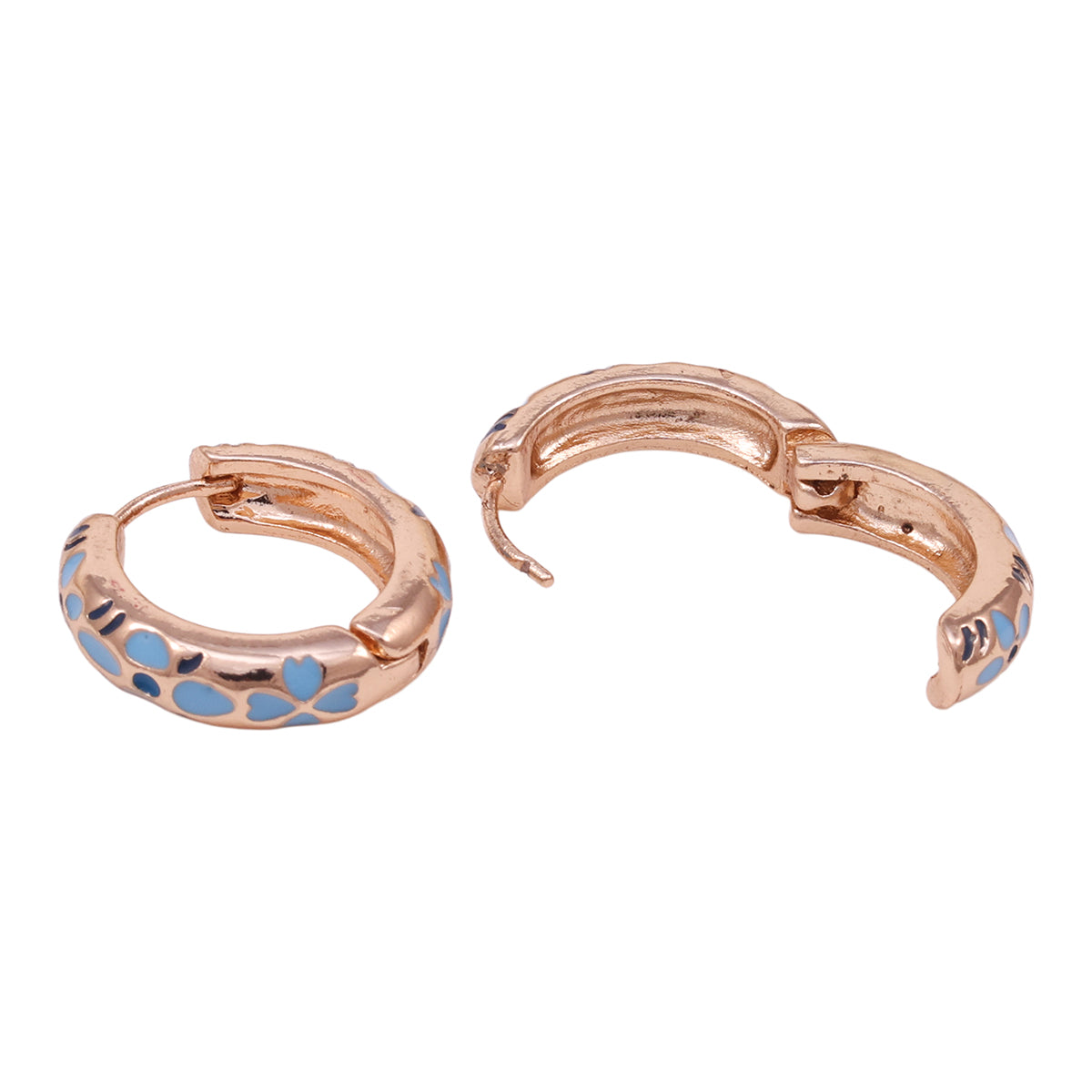 Golden Mini Hoop Earrings with Navy Enamel Floral Pattern