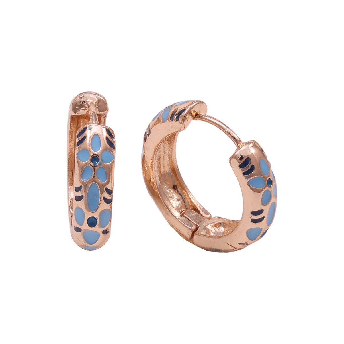 Golden Mini Hoop Earrings with Navy Enamel Floral Pattern