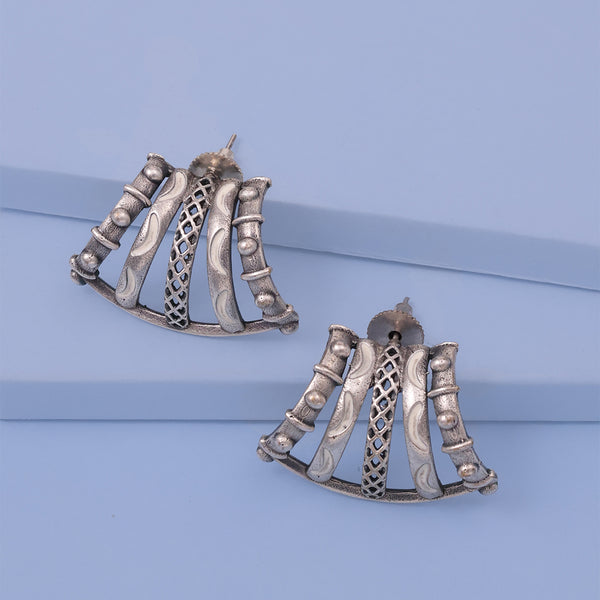 Bohemian Oxidized Silver Fan Stud Earrings