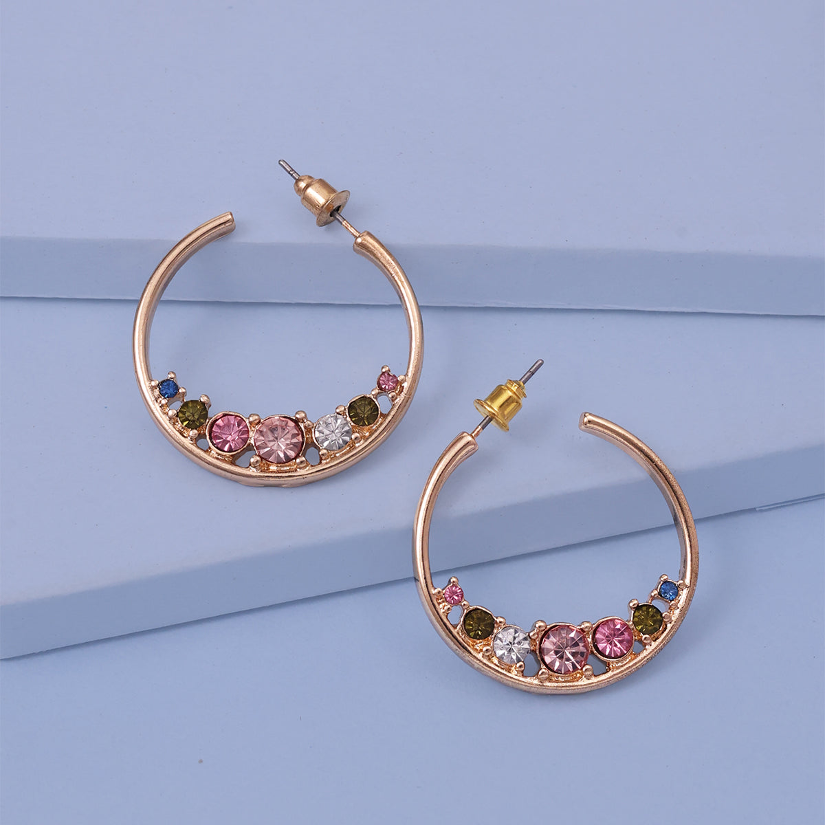 Golden Half-Hoop Earrings with Multicolour Rhinestones