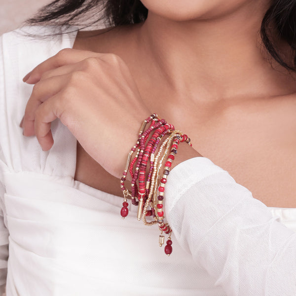The Fiesta Stack: Red & Maroon Beaded Bracelet Set
