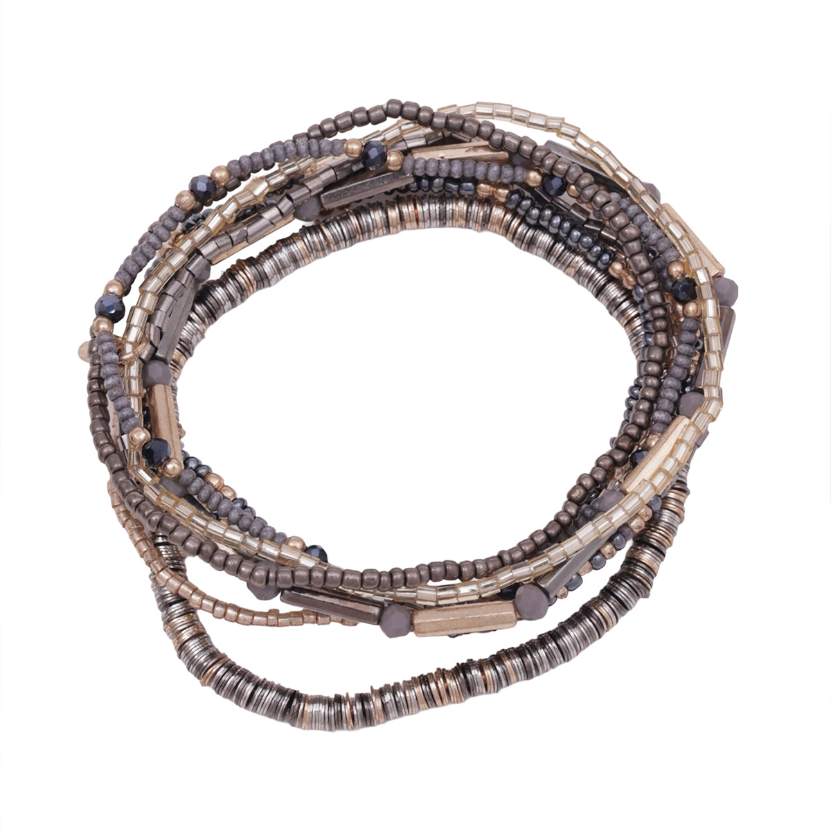 Silver & Pewter Multi-Strand Beaded Slip-On Bracelet