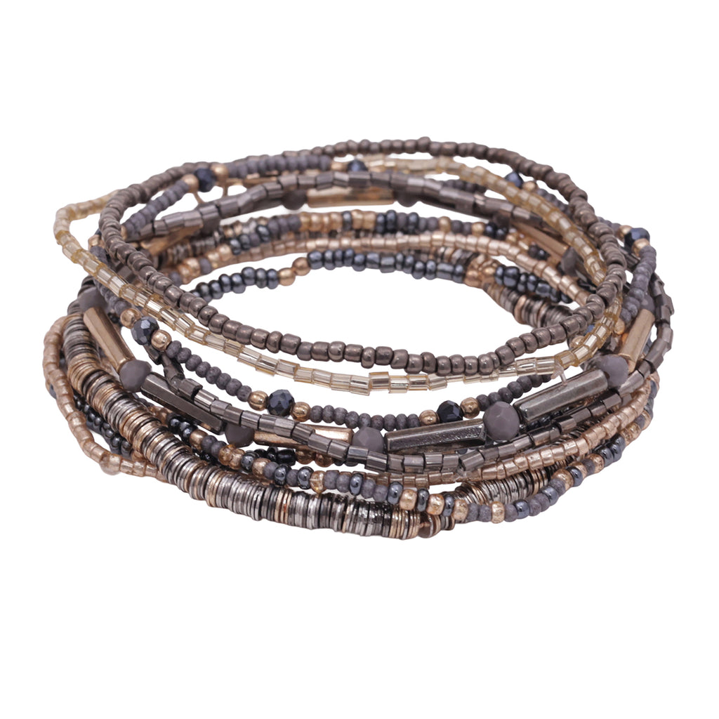Silver & Pewter Multi-Strand Beaded Slip-On Bracelet