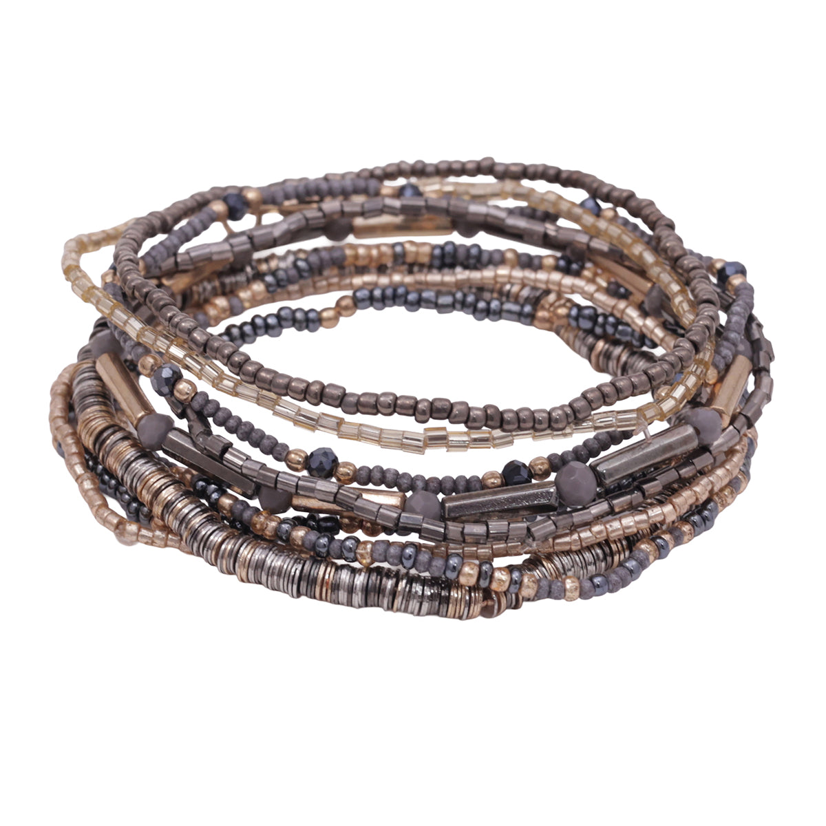 Silver & Pewter Multi-Strand Beaded Slip-On Bracelet