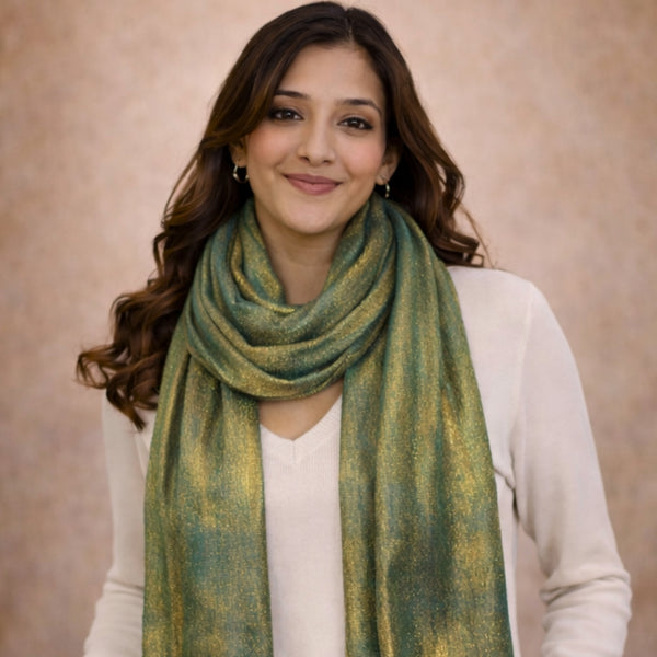 Lustrous Green & Golden Shimmering Scarf