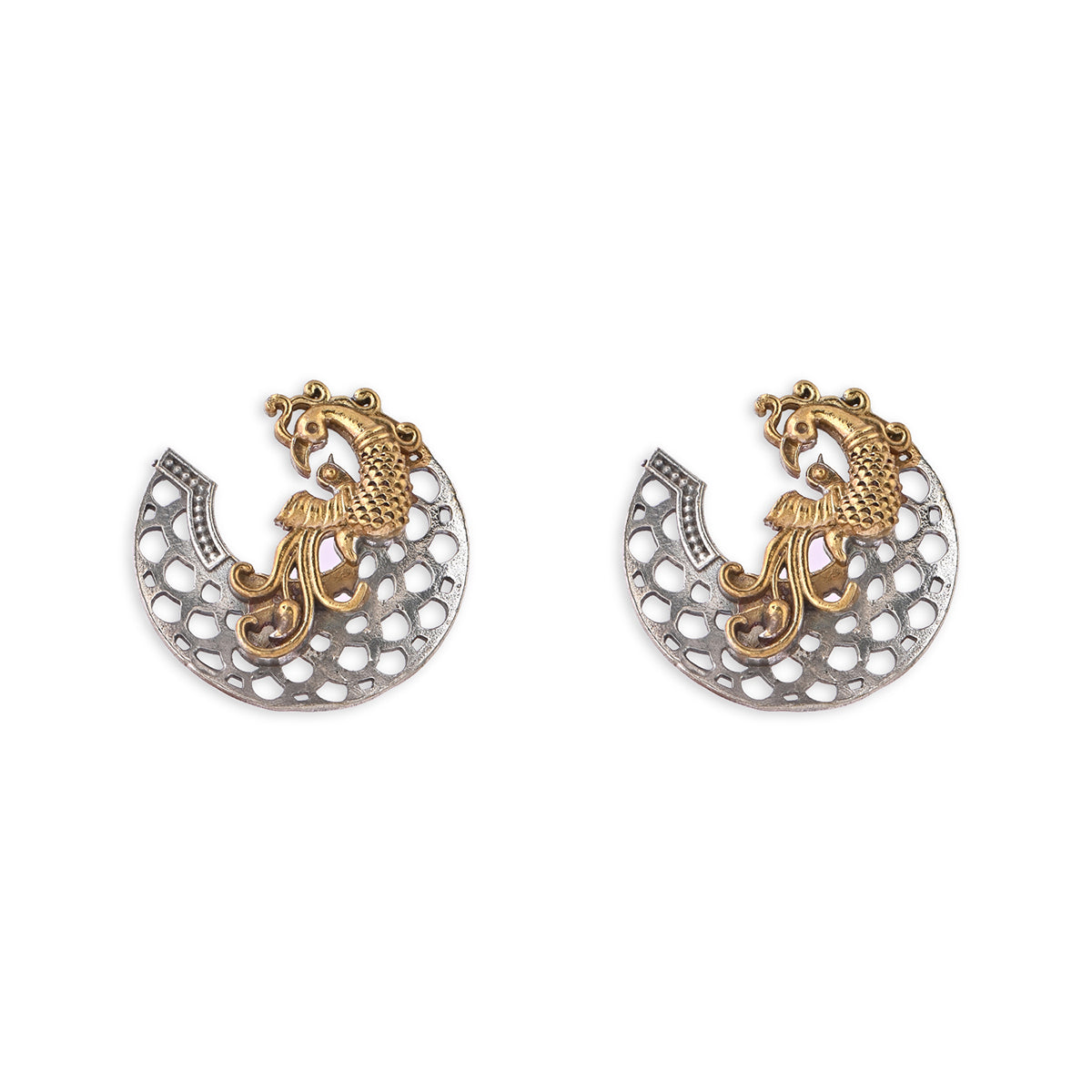 Antique Gold & Silver-Toned Peacock Stud Earrings