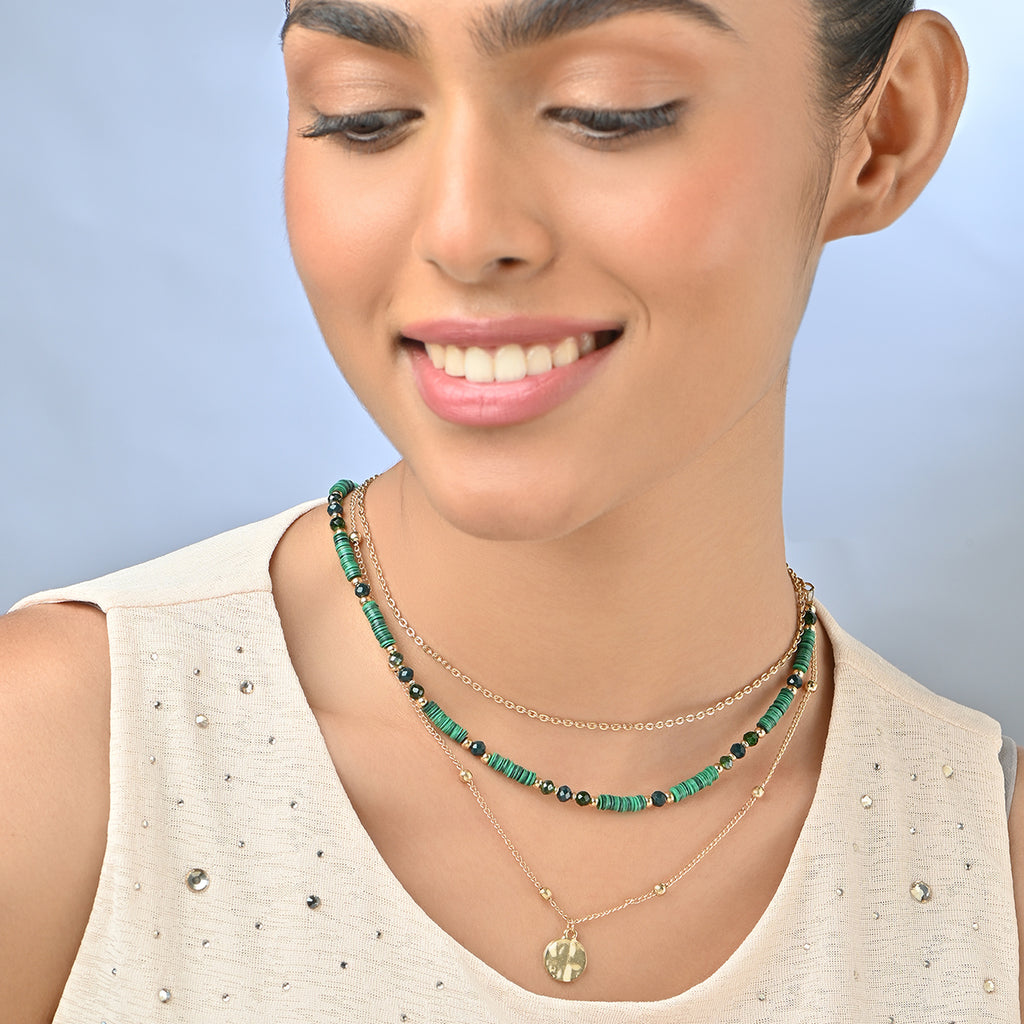 Green Beaded & Coin Pendant Layered Necklace