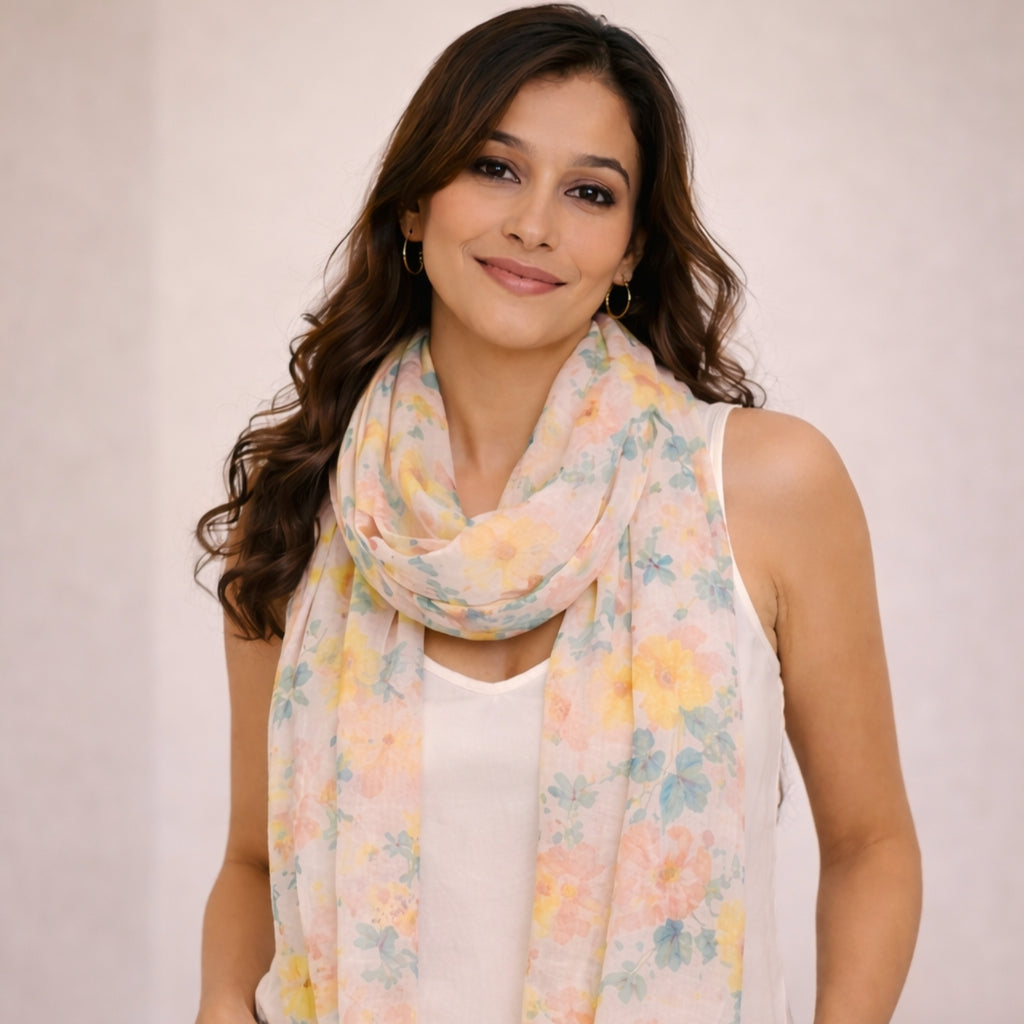 Sunny Yellow & Pink Watercolor Floral Print Scarf