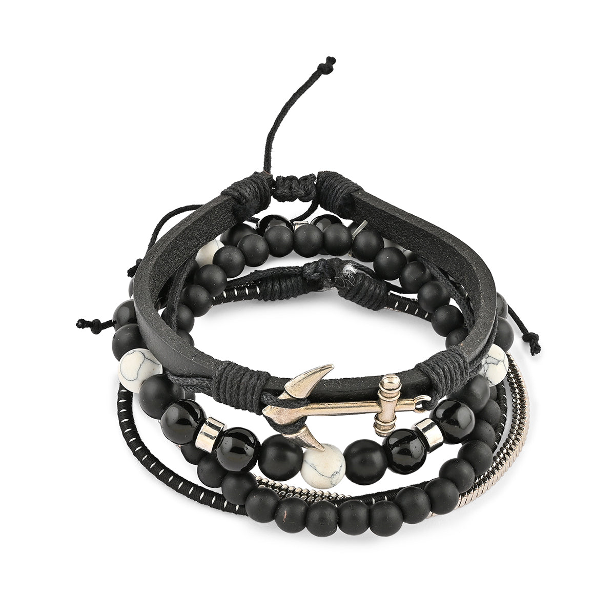Nautical Black Bead & Leather Bracelet Set of 4