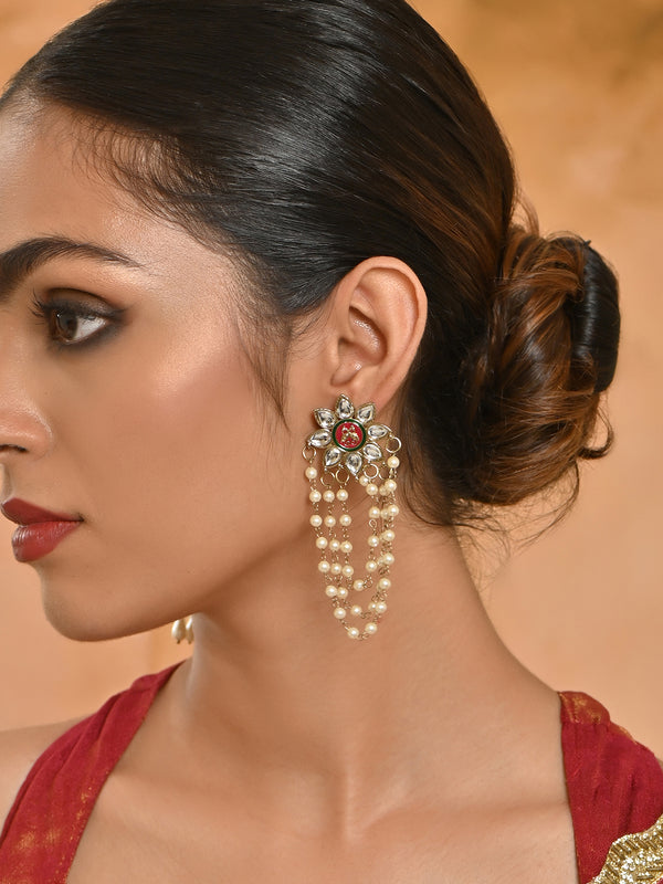 Raj-Kamal Kundan Pearl Phool Jhaalar Drop Earrings