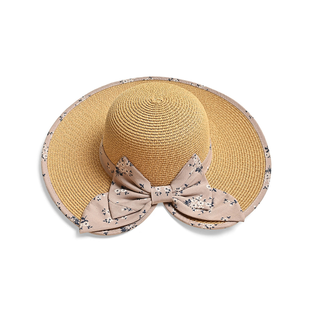 Brown Woven Straw Sun Hat with Floral Bow Back Detail