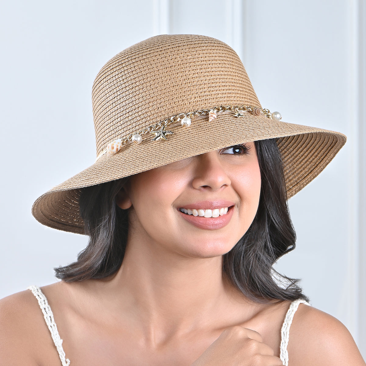 Brown Woven Straw Sun Hat with Shell, Pearl & Starfish Charms