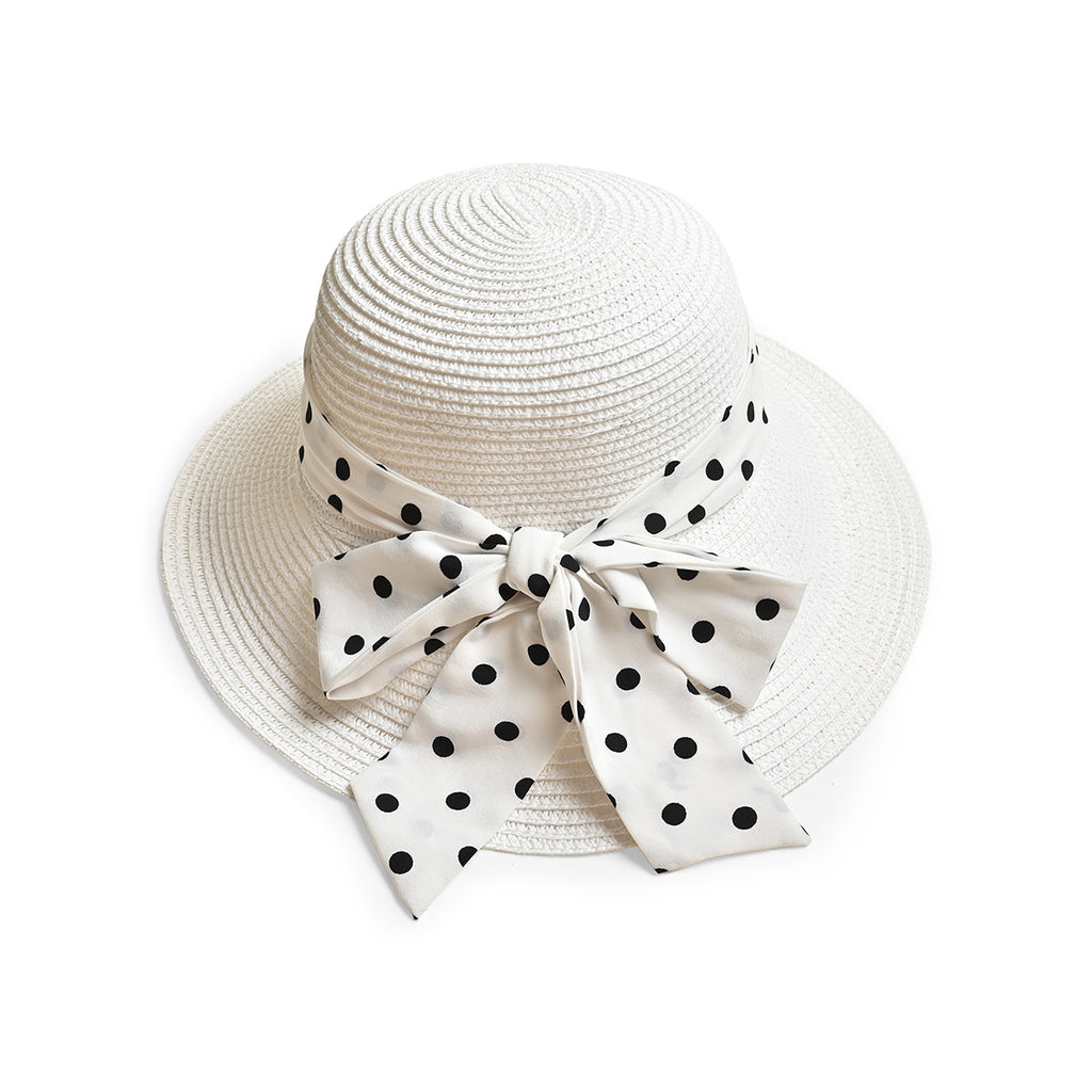 White Woven Straw Sun Hat with Polka Dot Bow Scarf