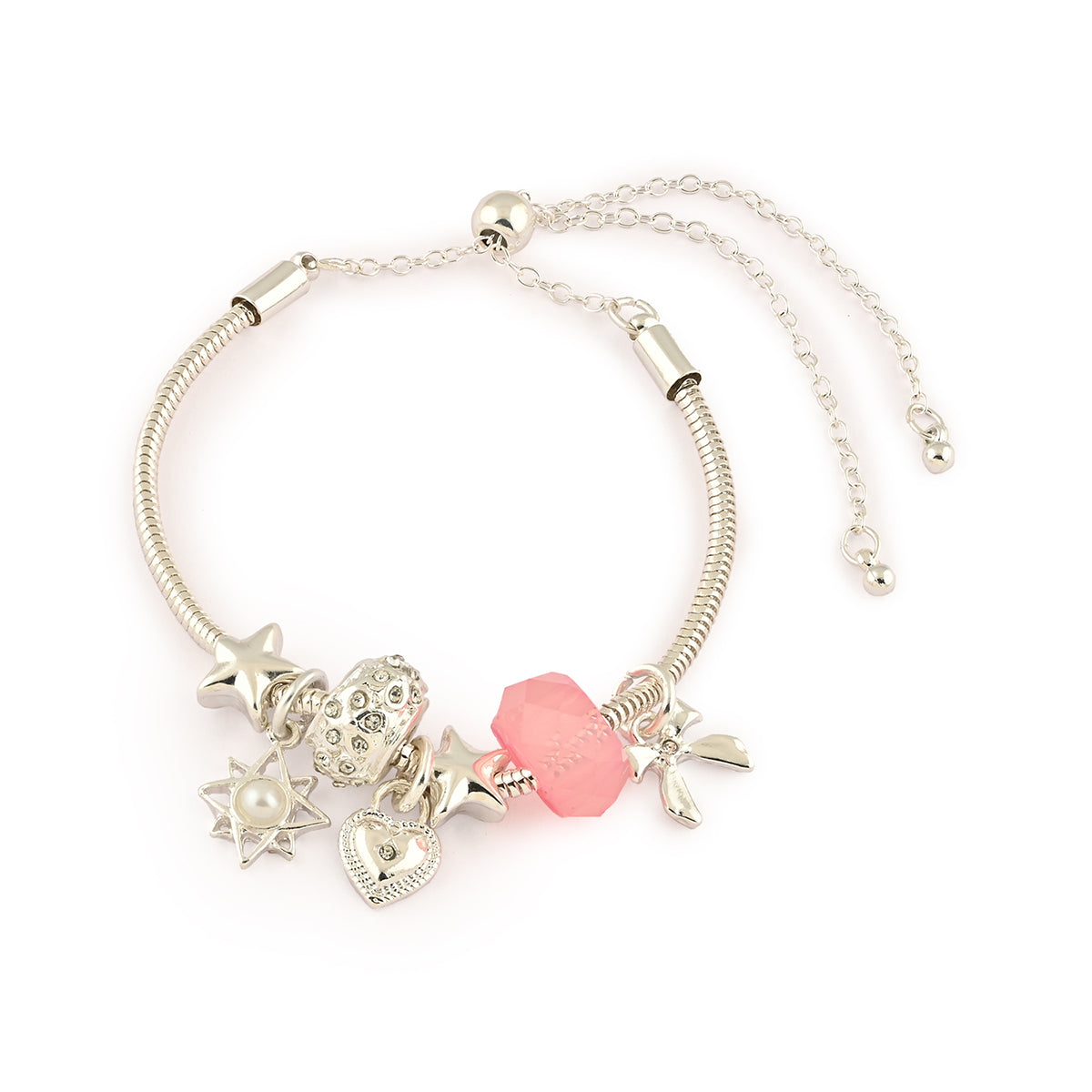 Silver-Toned Minimal Multi Charm Bracelet with Pink Bead