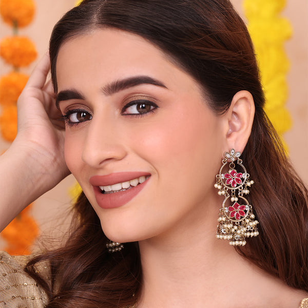Golden Red Floral Jhumka Earrings