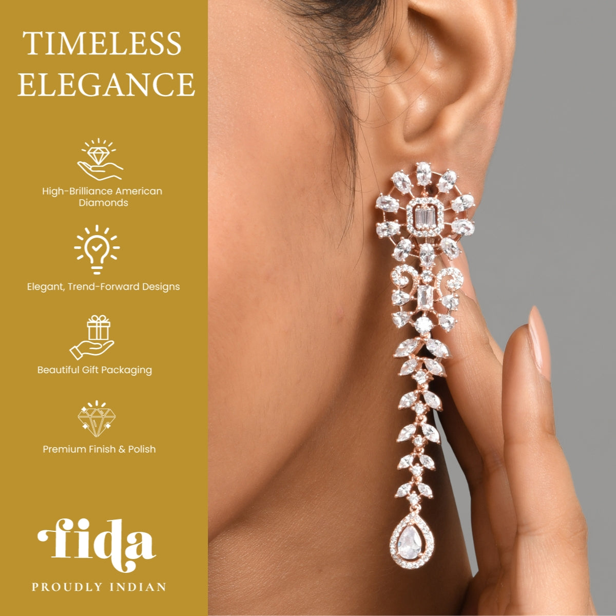 American Diamond Rose Gold Plated Leaf Drop Earring