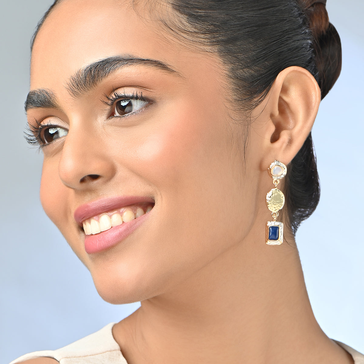 Gold Textured Drop Earrings with Blue Stone