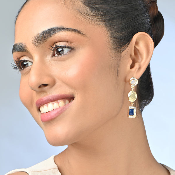 Gold Textured Drop Earrings with Blue Stone