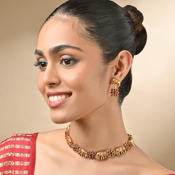 Golden Elephant Motif Necklace & Earrings Set with Red & Green Stones
