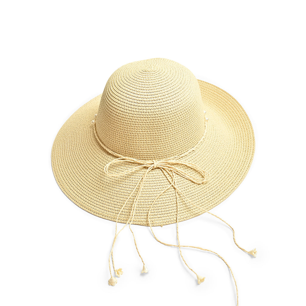 Off White Woven Straw Sun Hat with Pearl Embellishments