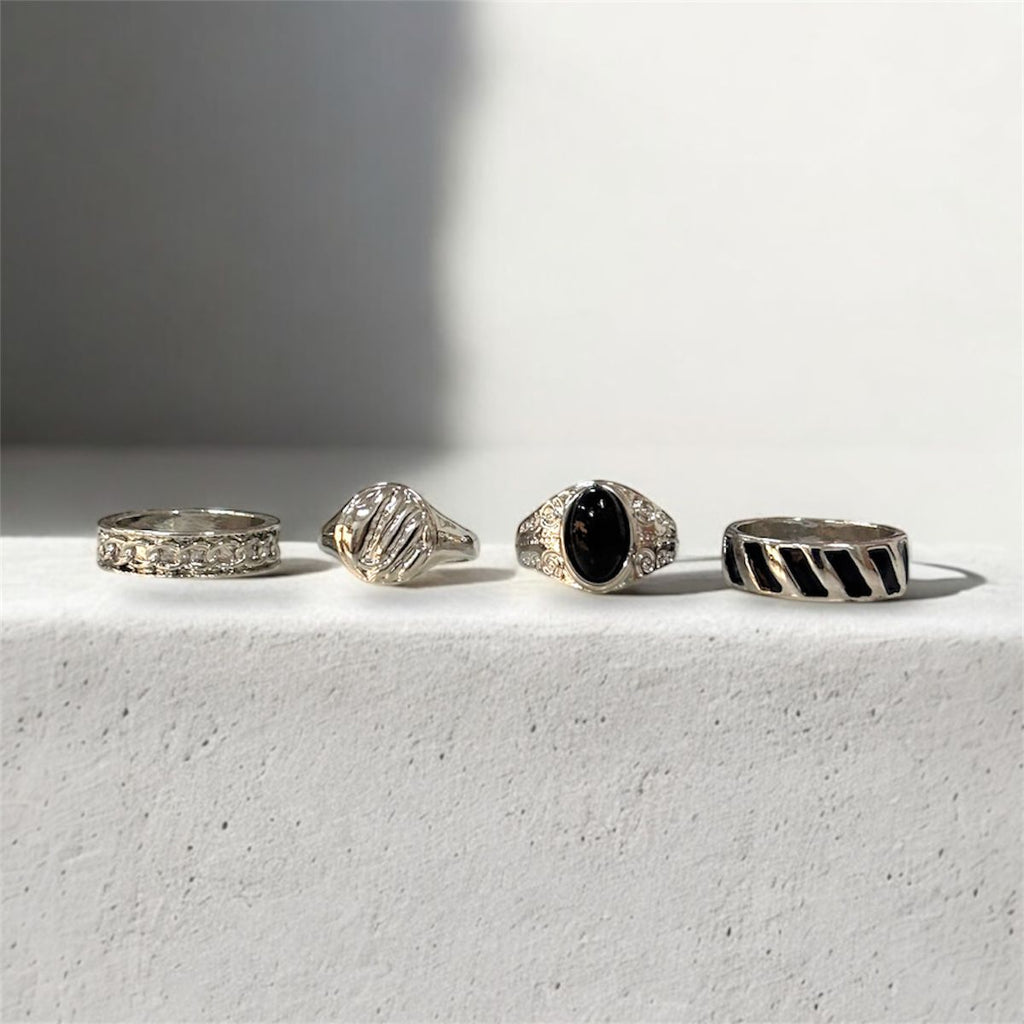 Silver & Black Men’s Alloy Statement Ring Set – Pack of 4