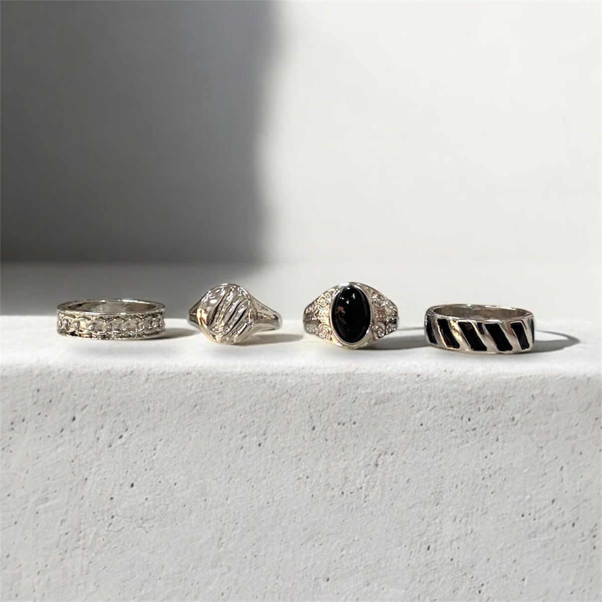 Silver & Black Men’s Alloy Statement Ring Set – Pack of 4