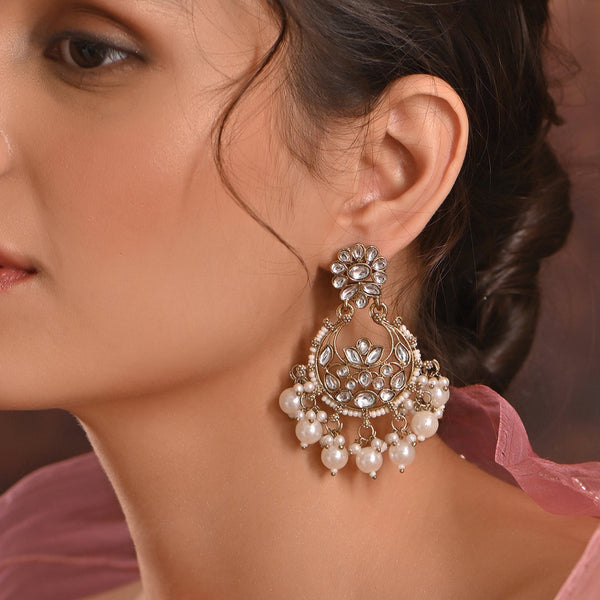 Ivory Kundan Chandbali Earrings with white kundan stones and ivory pearl drops on gold plated base, handcrafted ethnic wedding jewellery