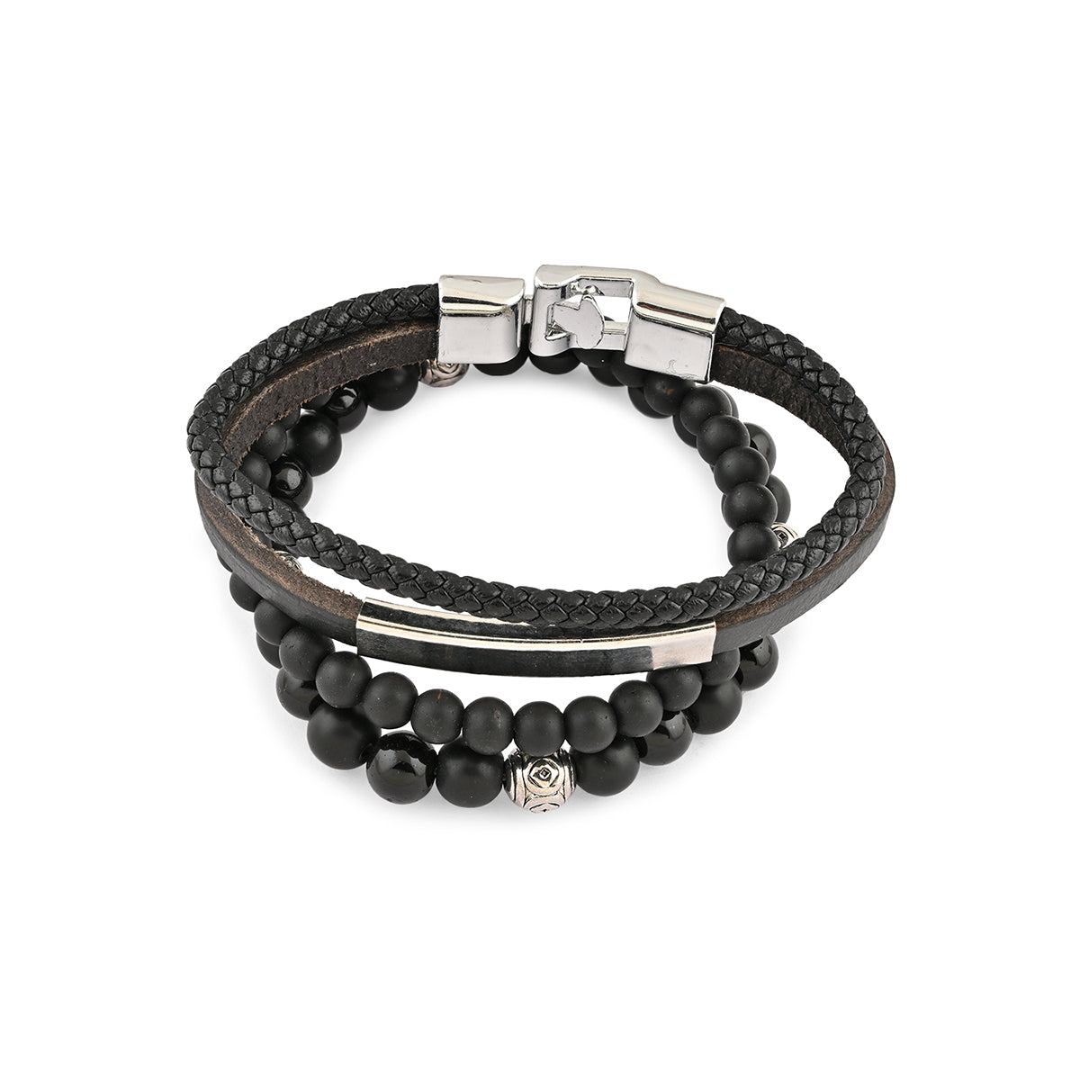 Black Leather & Bead Men’s Bracelet Set of 4