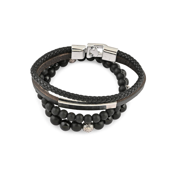 Black Leather & Bead Men’s Bracelet Set of 4