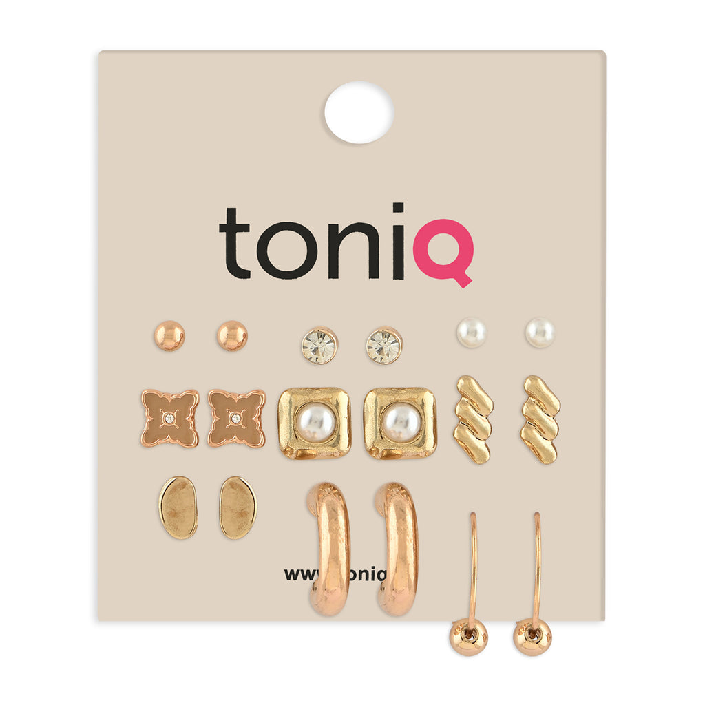 Gold-Toned, Pearl & Crystal Stud Earrings Set of 9